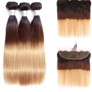 T1B/4/27 Brazilian Straight Hair 3 Bundles with frontal