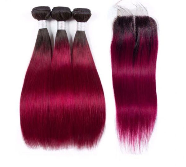 Hairstyle360 10a Ombre Wine Colour Brazilian Straight Human Hair +Closure