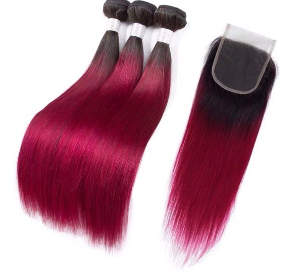 Hairstyle360 10a Ombre Wine Colour Brazilian Straight Human Hair +Closure