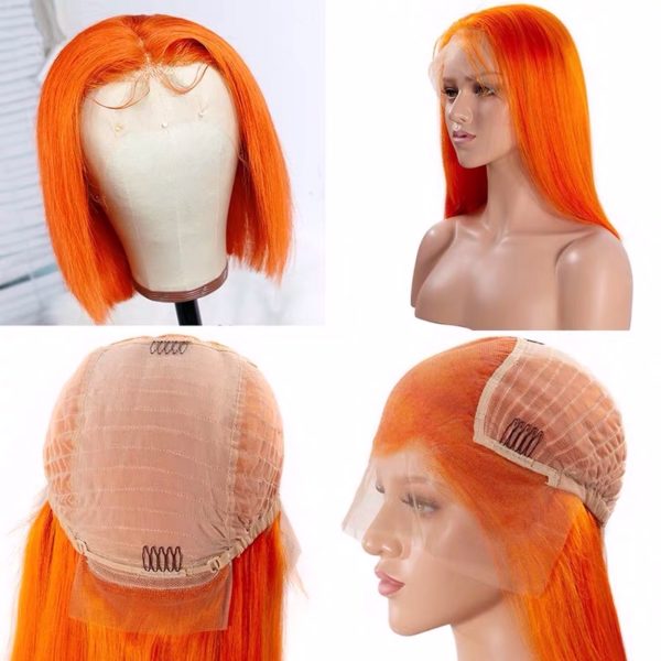 Orange Colored Virgin Human Hair Lace Front Bob Wig